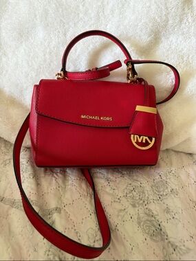 MICHAEL KORS Red Saffiano Mini Satchel with Gold Hardware